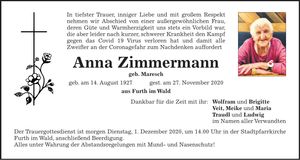 Traueranzeige Anna Zimmermann