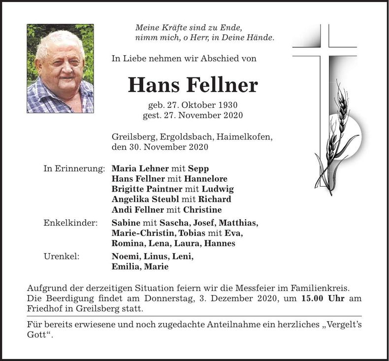 Traueranzeige Hans Fellner