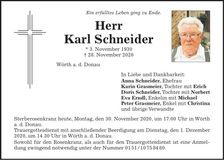 Traueranzeige Karl Schneider