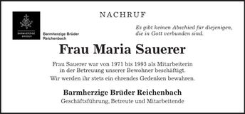 Traueranzeige Maria Sauerer