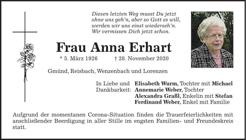 Traueranzeige Anna Erhart