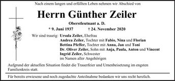 Traueranzeige Günther Zeiler