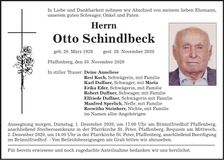 Traueranzeige Otto Schindlbeck