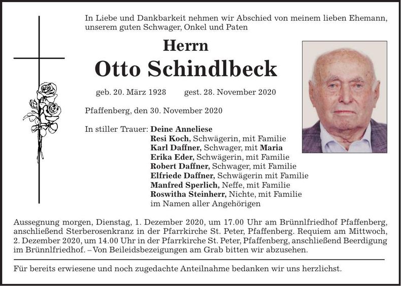Traueranzeige Otto Schindlbeck