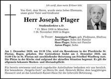 Traueranzeige Joseph Plager
