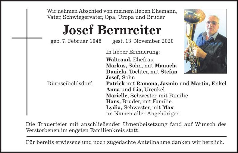 Traueranzeige Josef Bernreiter