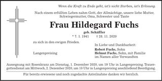Traueranzeige Hildegard Fuchs