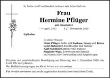 Traueranzeige Hermine Pflüger