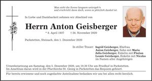 Traueranzeige Anton Geisberger