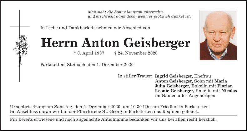 Traueranzeige Anton Geisberger