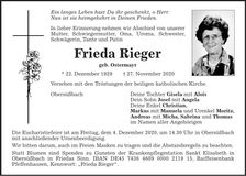 Traueranzeige Frieda Rieger