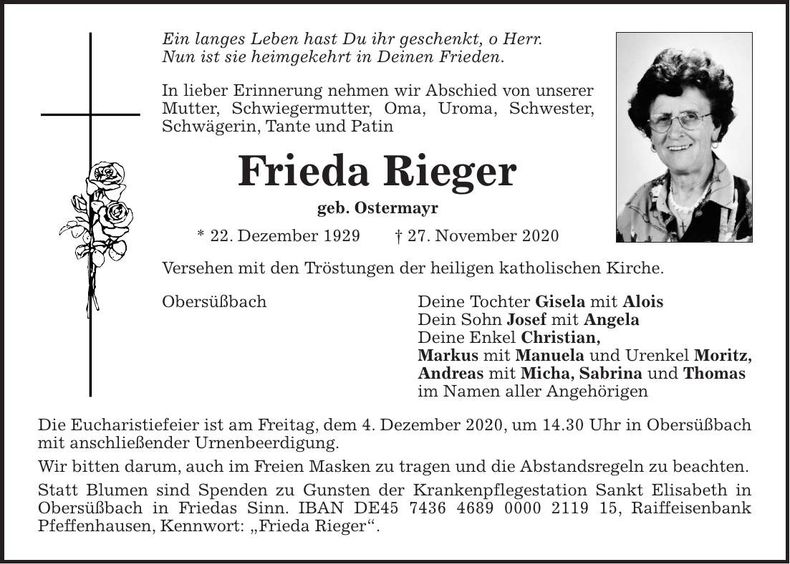 Traueranzeige Frieda Rieger