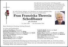 Traueranzeige Franziska Theresia Schedlbauer