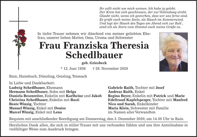 Traueranzeige Franziska Theresia Schedlbauer