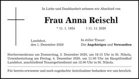 Traueranzeige Anna Reischl