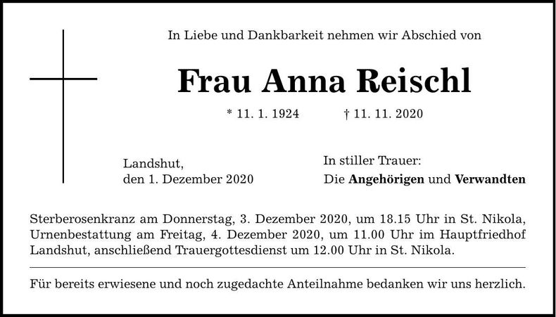 Traueranzeige Anna Reischl