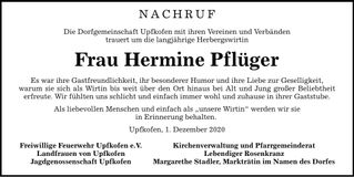 Traueranzeige Hermine Pflüger