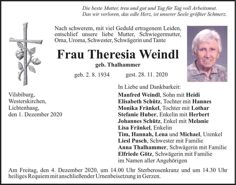 Traueranzeige Theresia Weindl