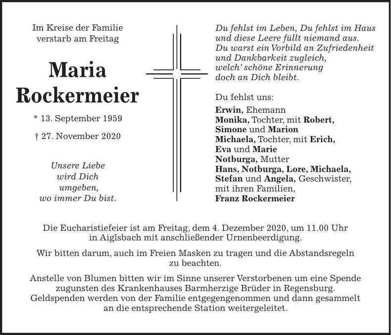 Traueranzeige Maria Rockermeier