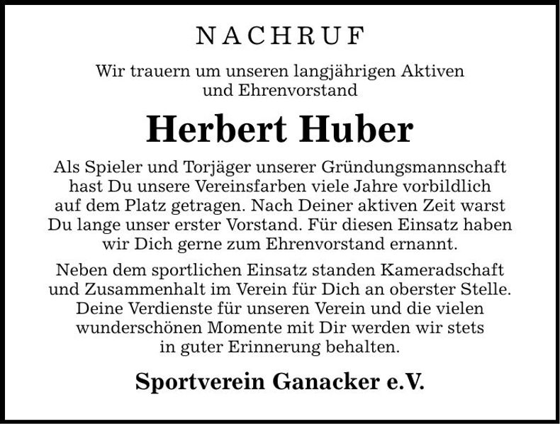 Traueranzeige Herbert Huber