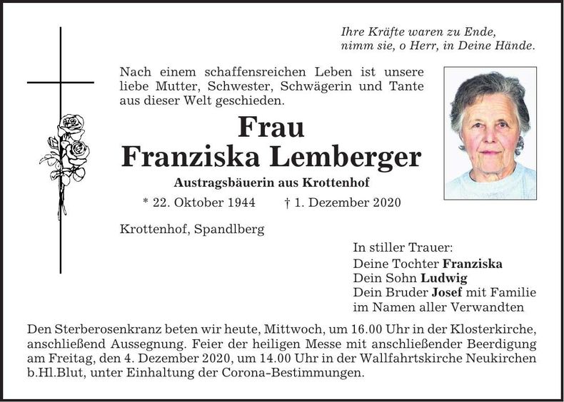 Traueranzeige Franziska Lemberger