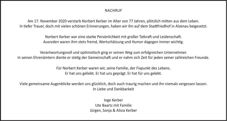 Traueranzeige Norbert Kerber