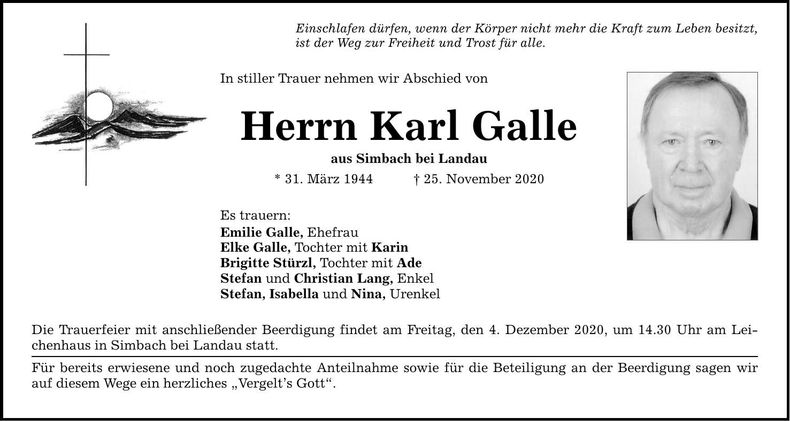 Traueranzeige Karl Galle