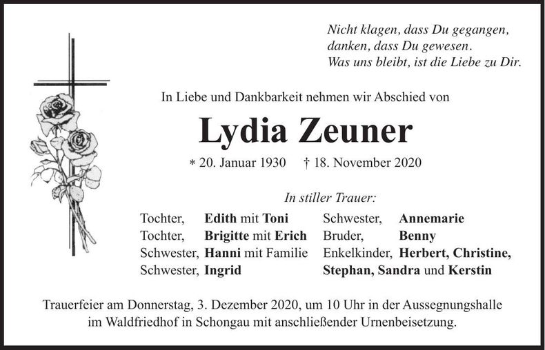 Traueranzeige Lydia Zeuner