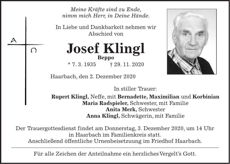 Traueranzeige Josef Klingl