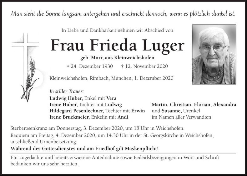 Traueranzeige Frieda Luger