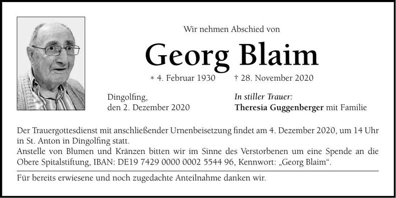 Traueranzeige Georg Blaim