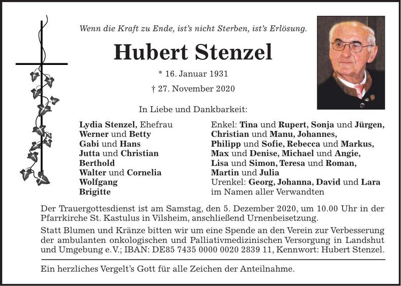Traueranzeige Hubert Stenzel