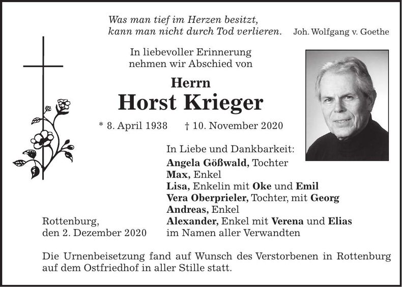 Traueranzeige Horst Krieger