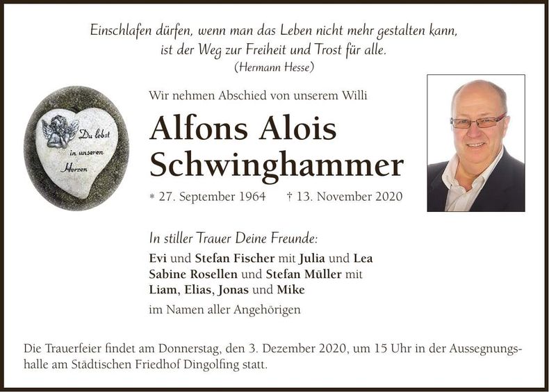 Traueranzeige Alfons Alois Schwinghammer