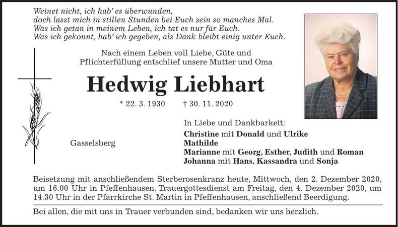 Traueranzeige Hedwig Liebhart
