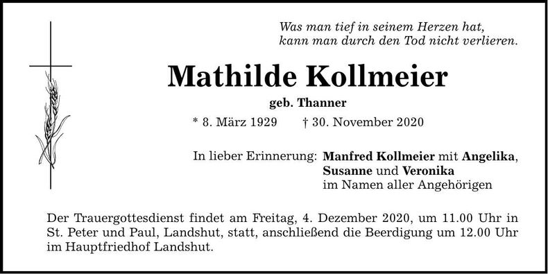 Traueranzeige Mathilde Kollmeier
