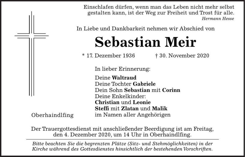 Traueranzeige Sebastian Meir
