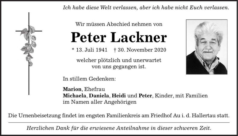 Traueranzeige Peter Lackner