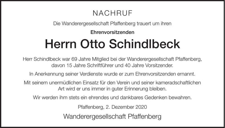 Traueranzeige Otto Schindlbeck