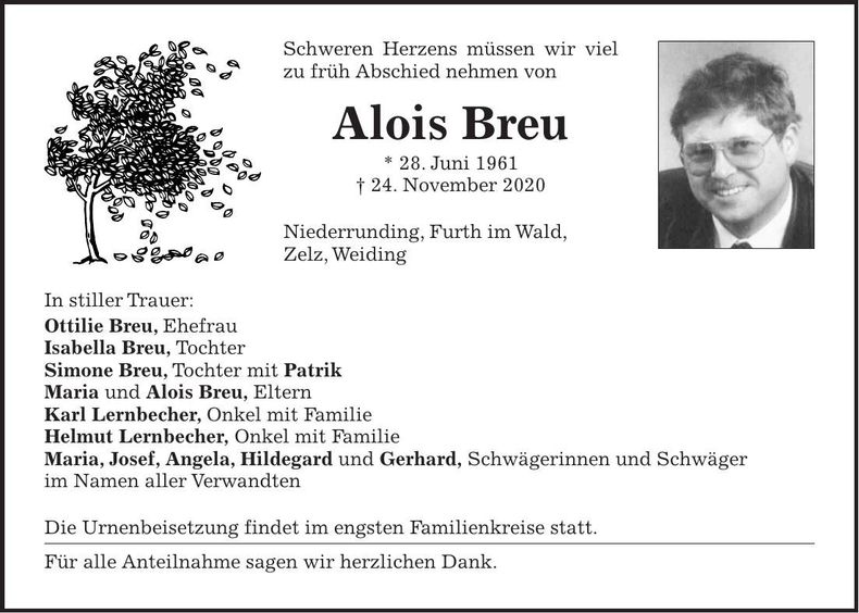 Traueranzeige Alois Breu