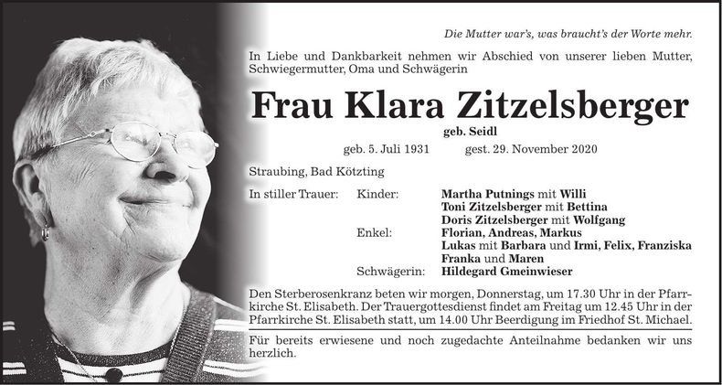 Traueranzeige Klara Zitzelsberger