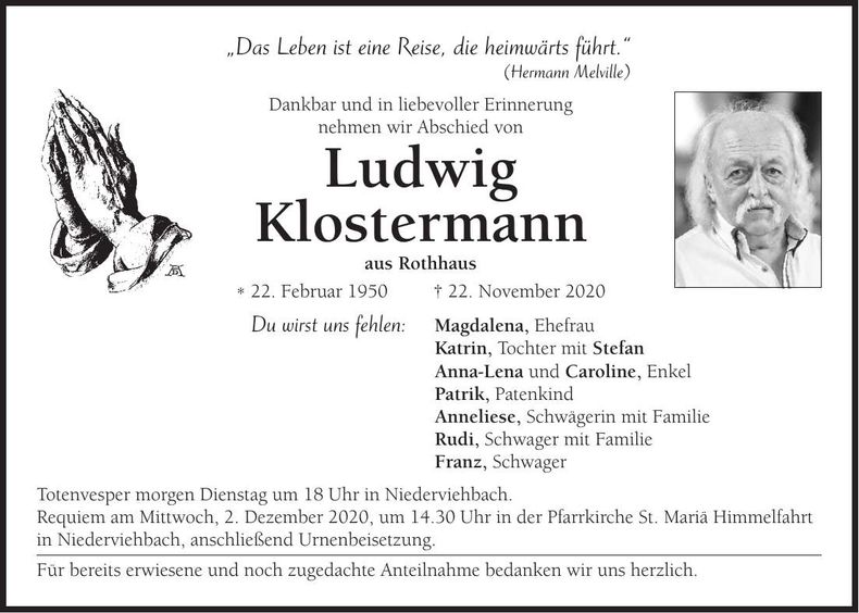 Traueranzeige Ludwig Klostermann