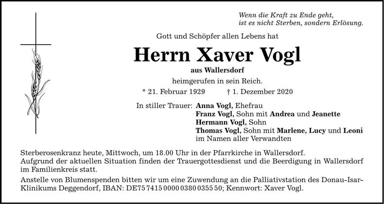 Traueranzeige Xaver Vogl