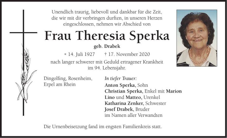Traueranzeige Theresia Sperka