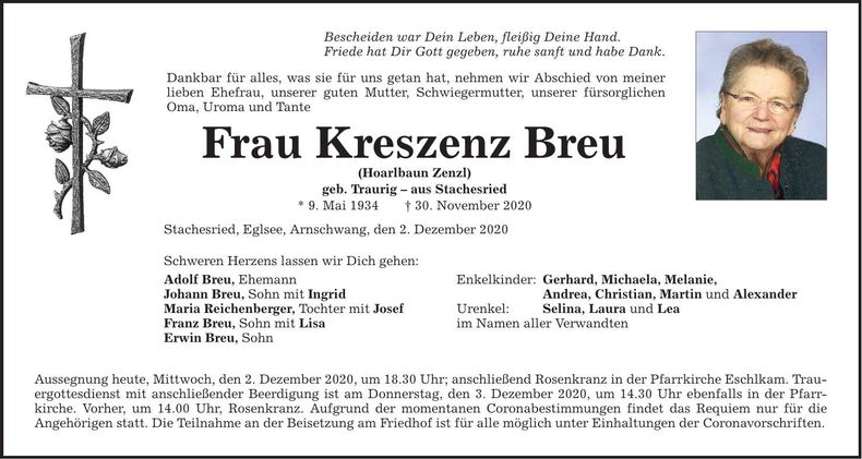 Traueranzeige Kreszenz Breu