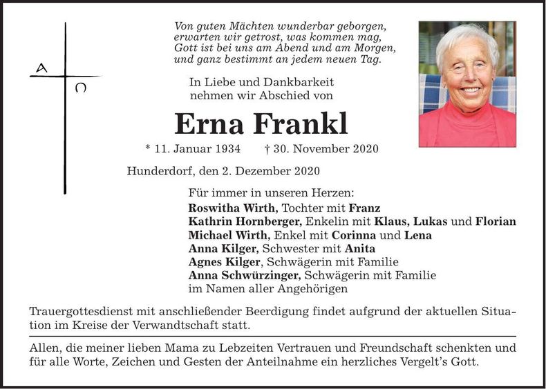 Traueranzeige Erna Frankl