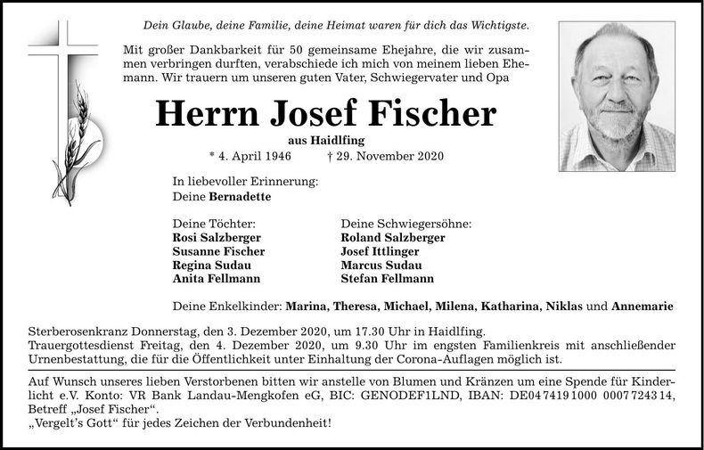 Traueranzeige Josef Fischer
