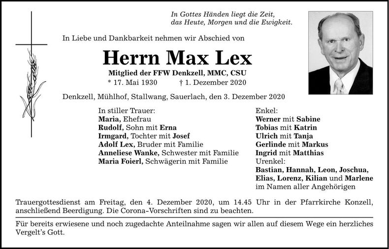 Traueranzeige Max Lex