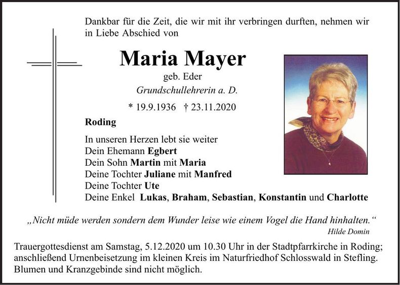 Traueranzeige Maria Mayer