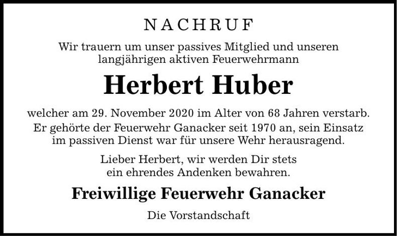Traueranzeige Herbert Huber